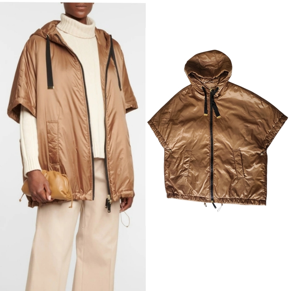 MaxMara Greenci Hooded Shortsleeve Jacket Cape Caramel  *FLAWS* Cameluxe Cube